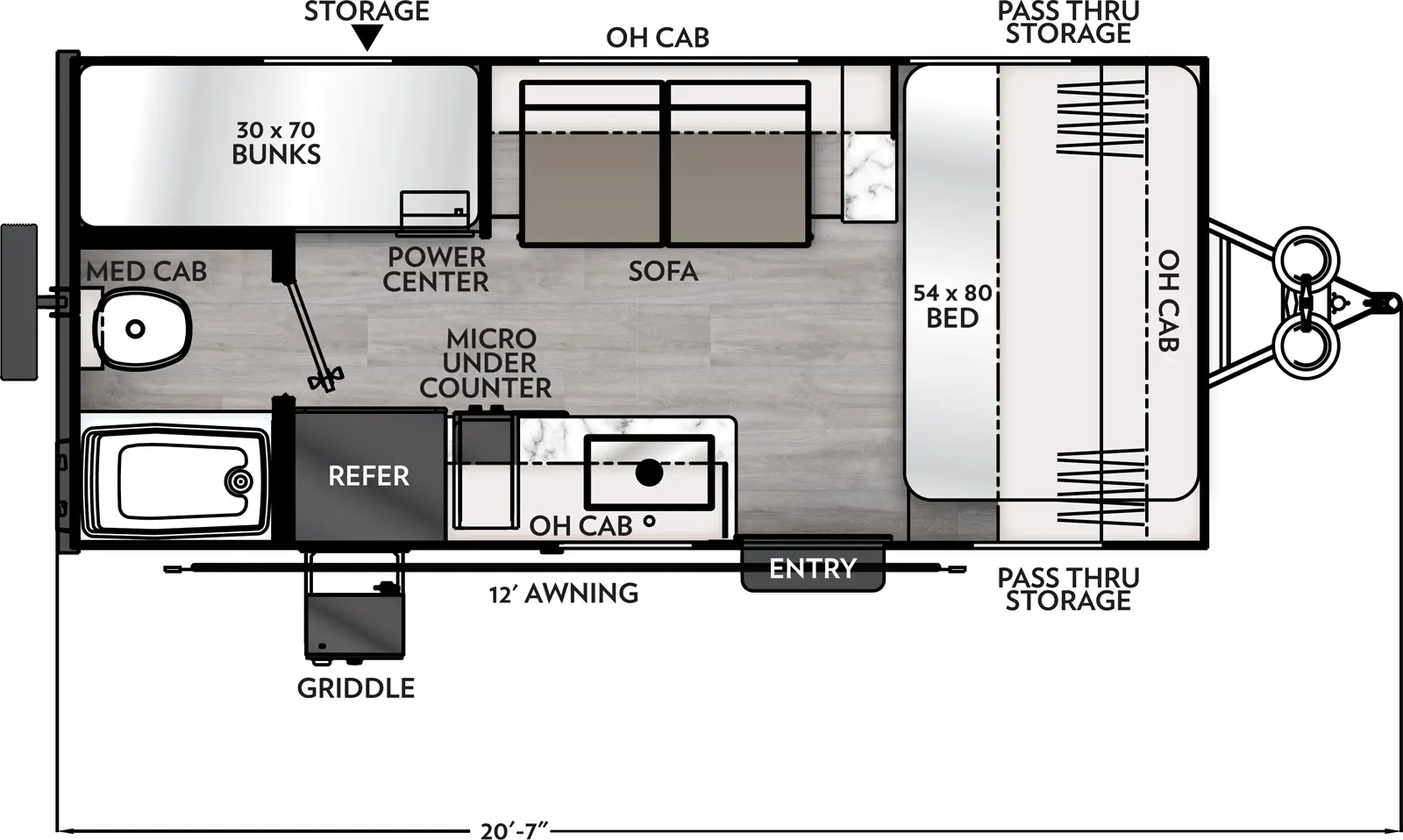 The Apex Nano 184BH has one entry and zero slide outs. Exterior features include: fiberglass exterior and 12' awning. Interiors features include: bunk beds and front bedroom.